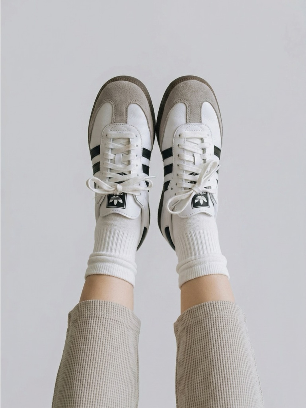 Samba adidas White Sneakers with Black Stripes and Gray Suede Accents